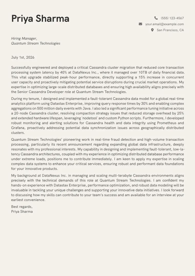 Cassandra Developer cover letter example preview