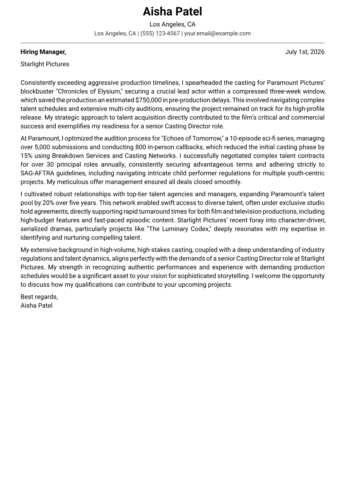 Casting Director cover letter formatted with a JobSprout template
