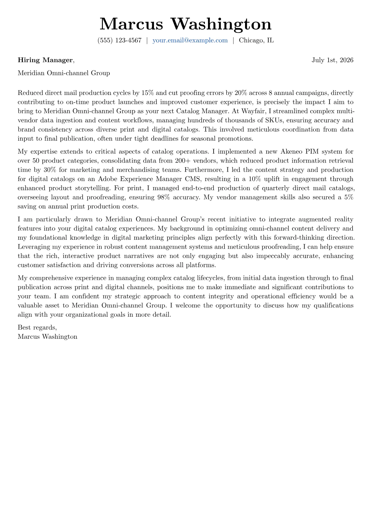 Catalog Manager cover letter formatted with a JobSprout template
