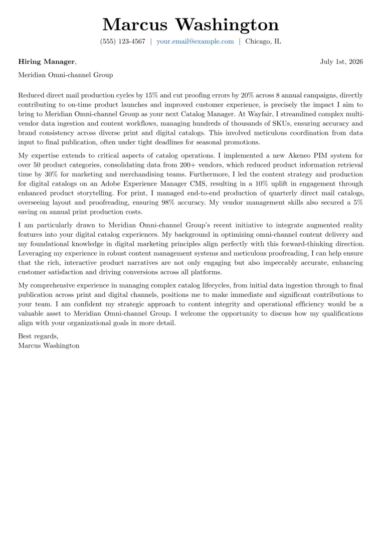 Catalog Manager cover letter example preview