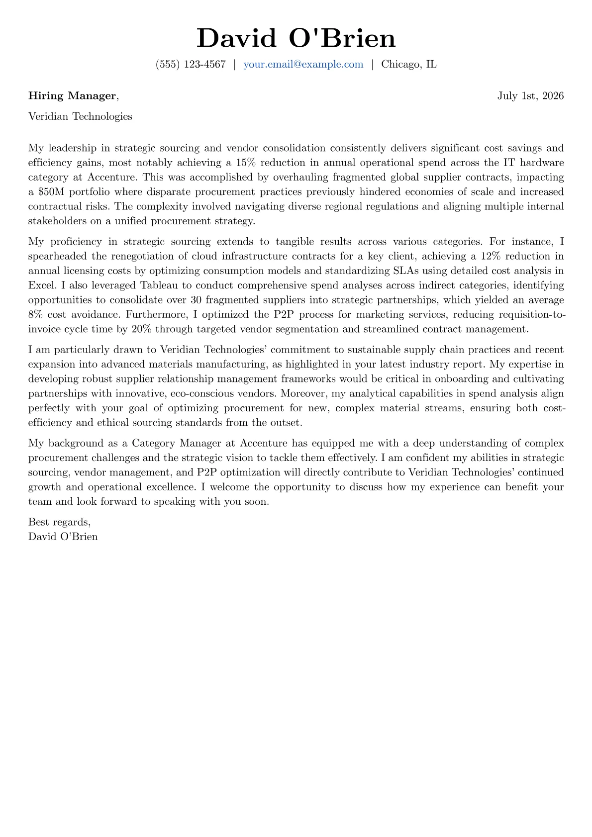 Category Manager cover letter formatted with a JobSprout template
