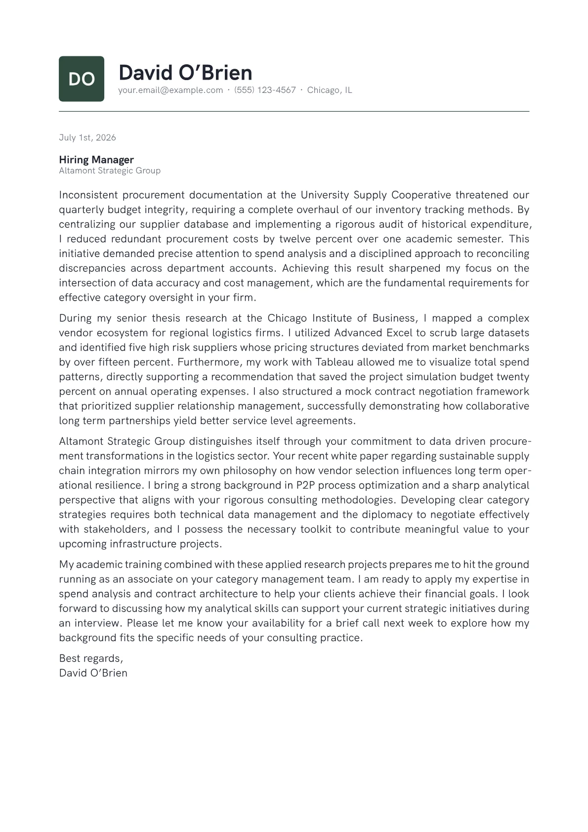 Category Manager cover letter in the Emblem design