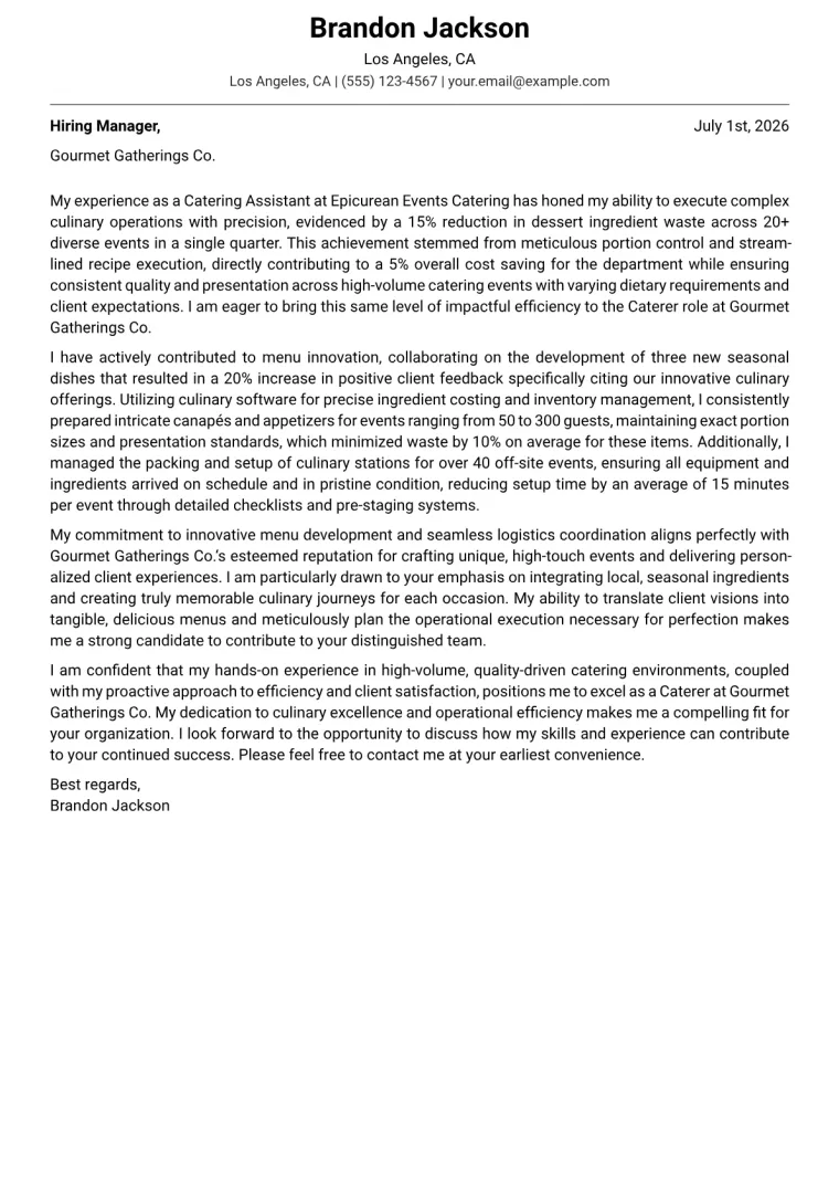 Caterer Cover Letter Example