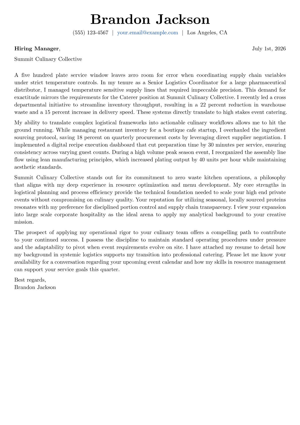 Caterer cover letter in the Basic design