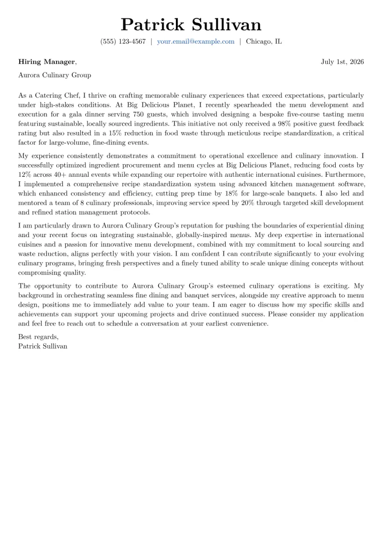 Catering Chef cover letter example preview