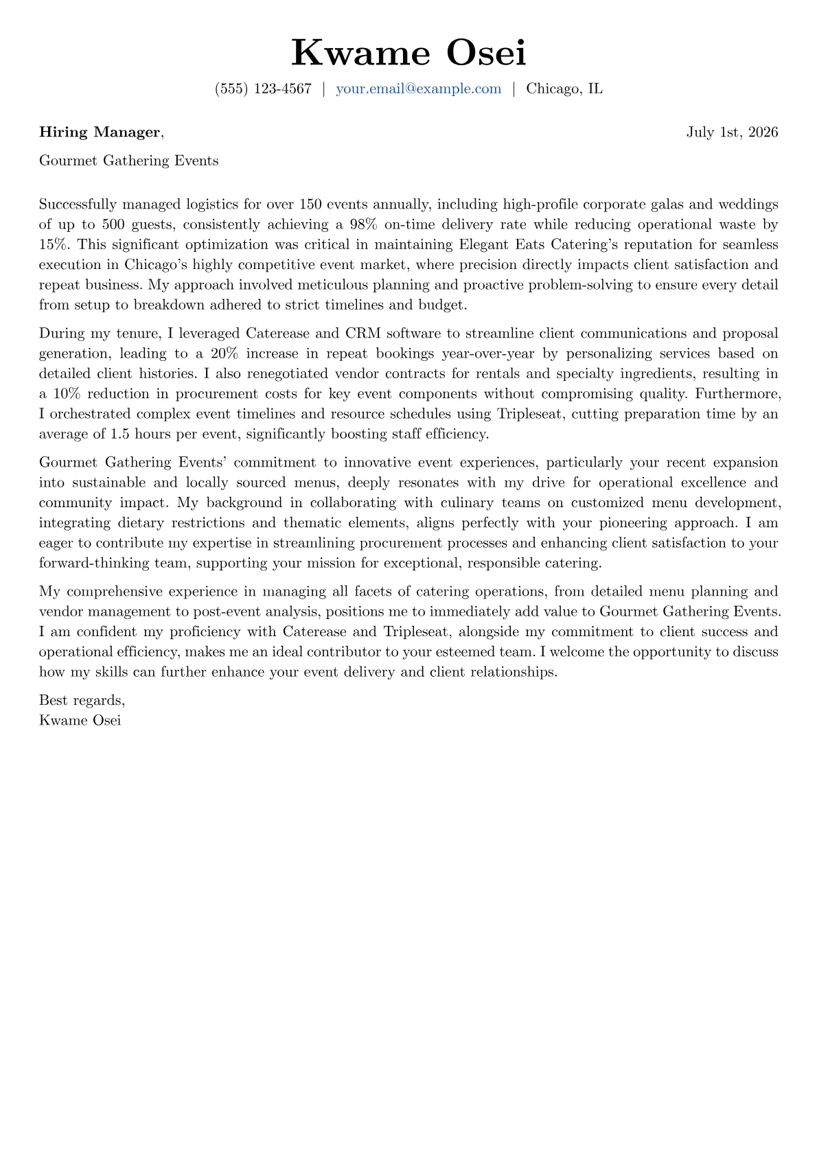 Catering Coordinator cover letter formatted with a JobSprout template