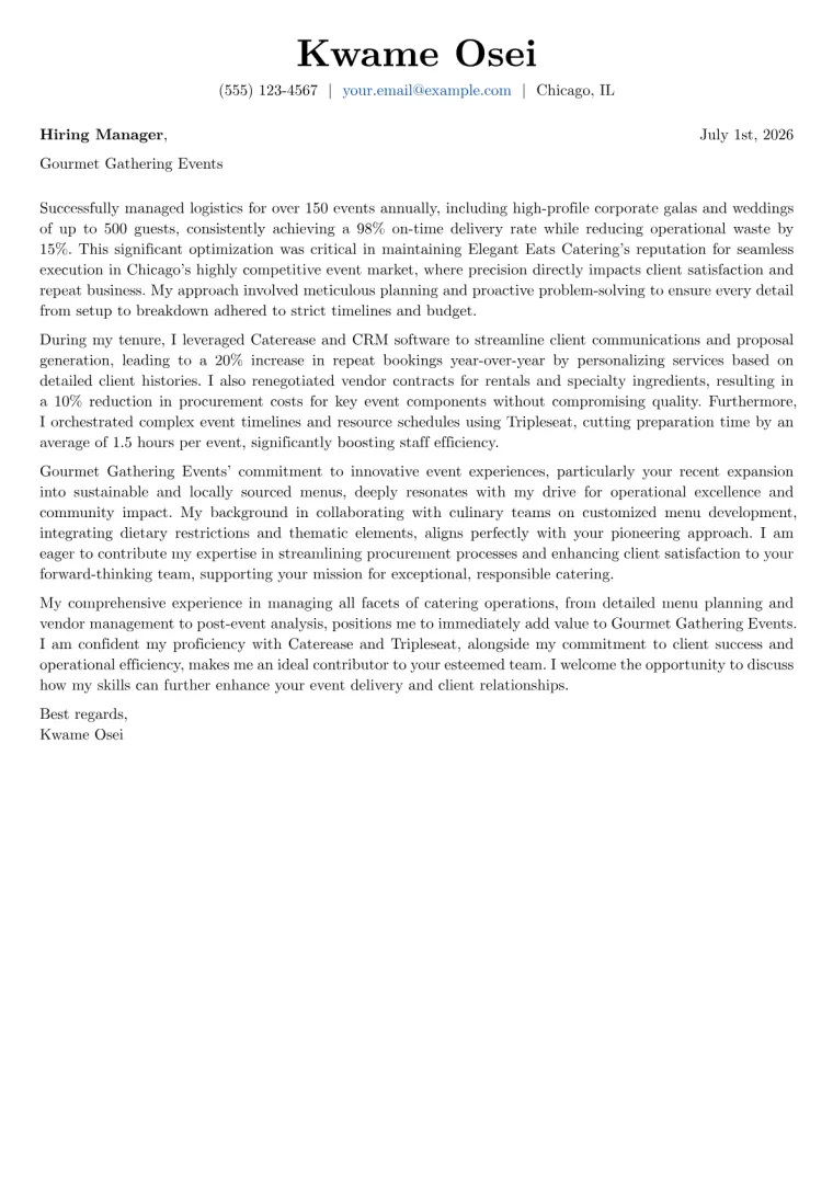 Catering Coordinator Cover Letter Example
