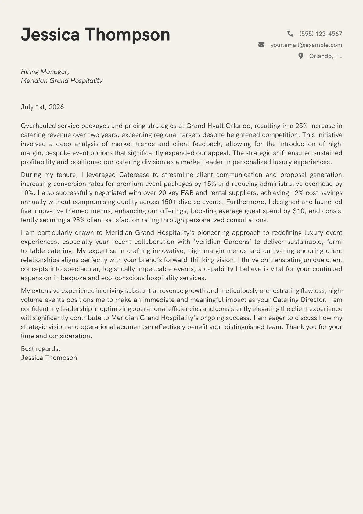 Catering Director cover letter formatted with a JobSprout template