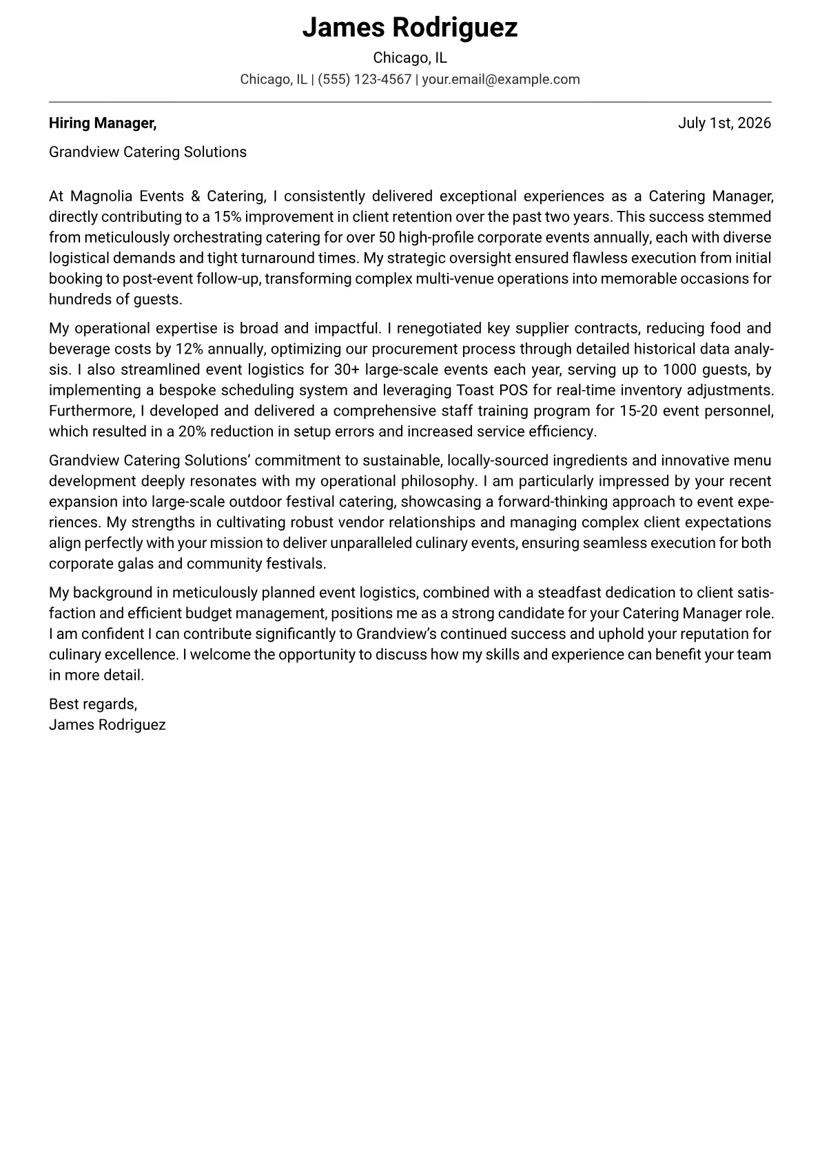 Catering Manager cover letter formatted with a JobSprout template