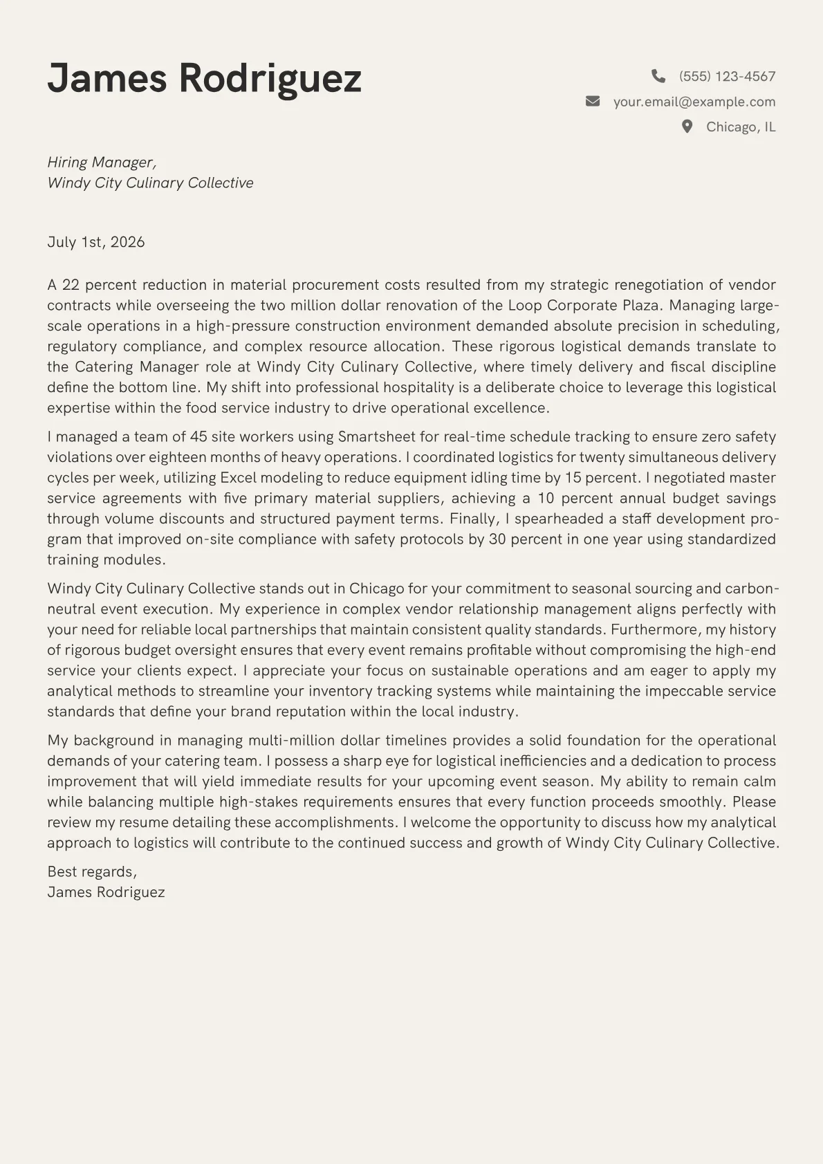 Catering Manager cover letter in the Creative design