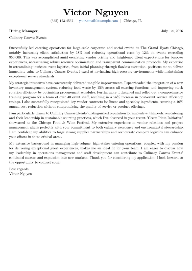 Catering Operations Manager Cover Letter Example