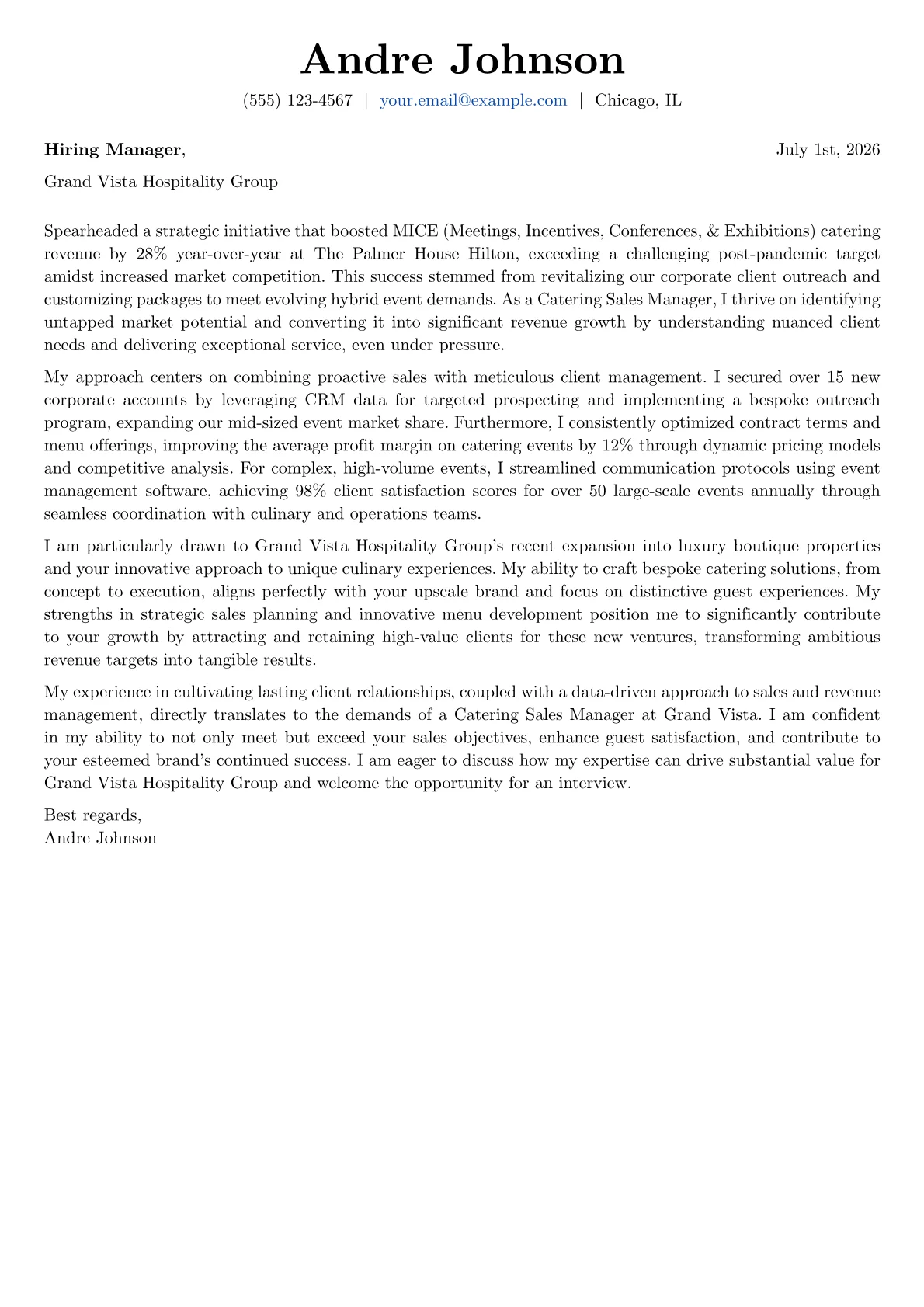 Catering Sales Manager cover letter formatted with a JobSprout template