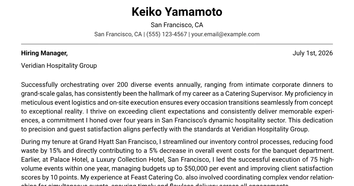 Catering Supervisor Cover Letter Example + Template (2026)