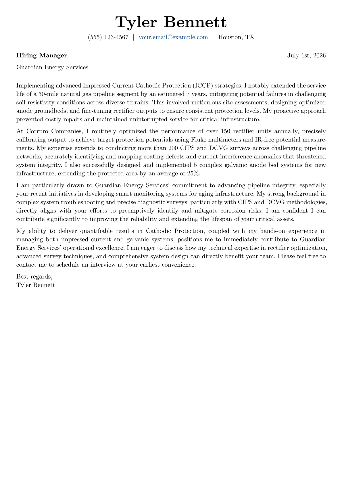 Cathodic Protection Technician cover letter formatted with a JobSprout template