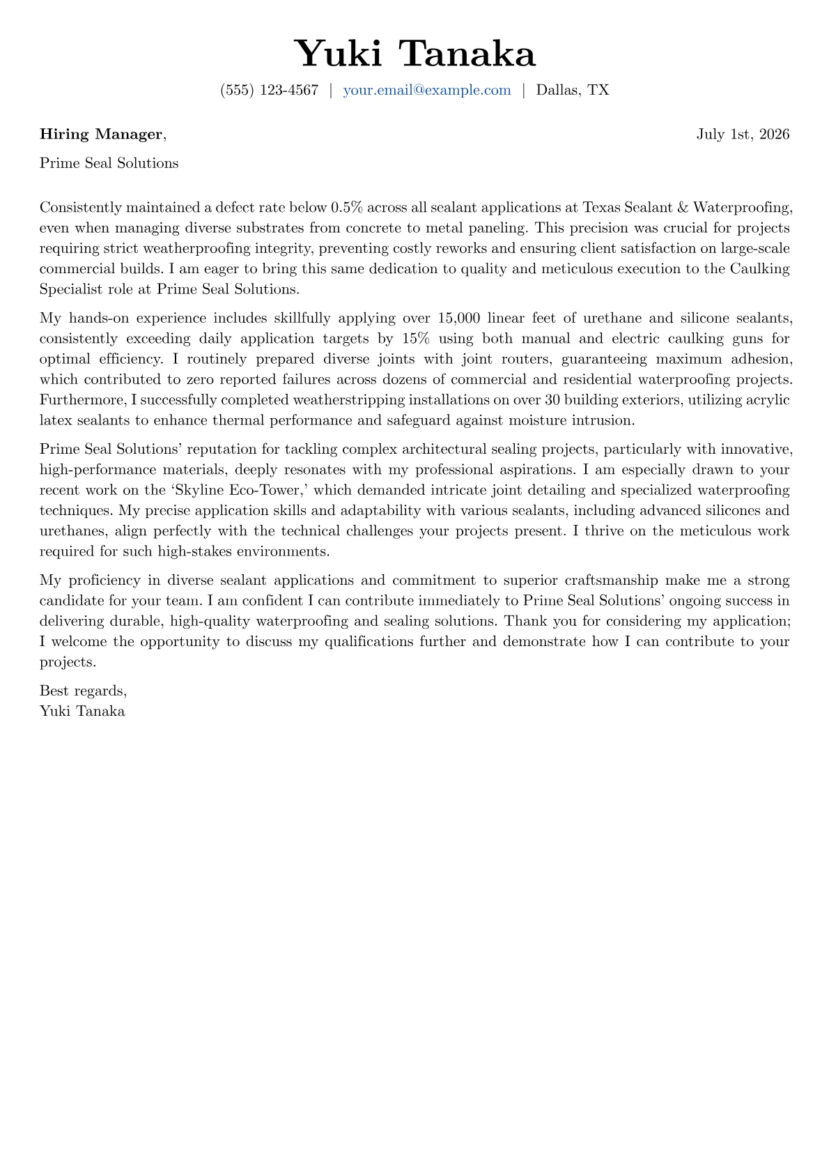 Caulking Specialist cover letter formatted with a JobSprout template
