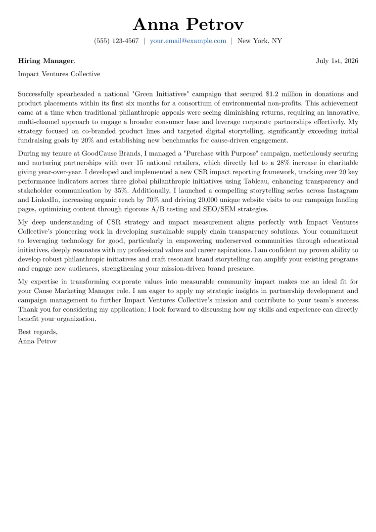 Cause Marketing Manager cover letter example preview