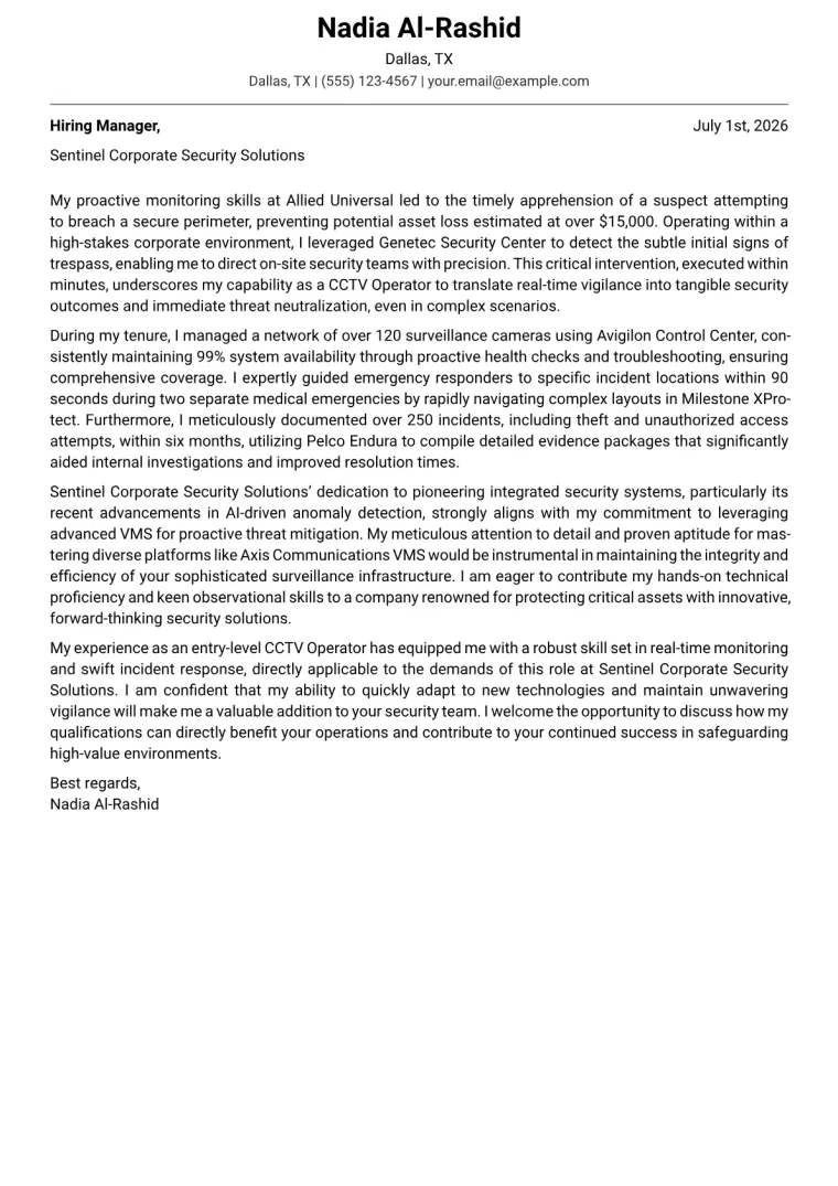 CCTV Operator Cover Letter Example