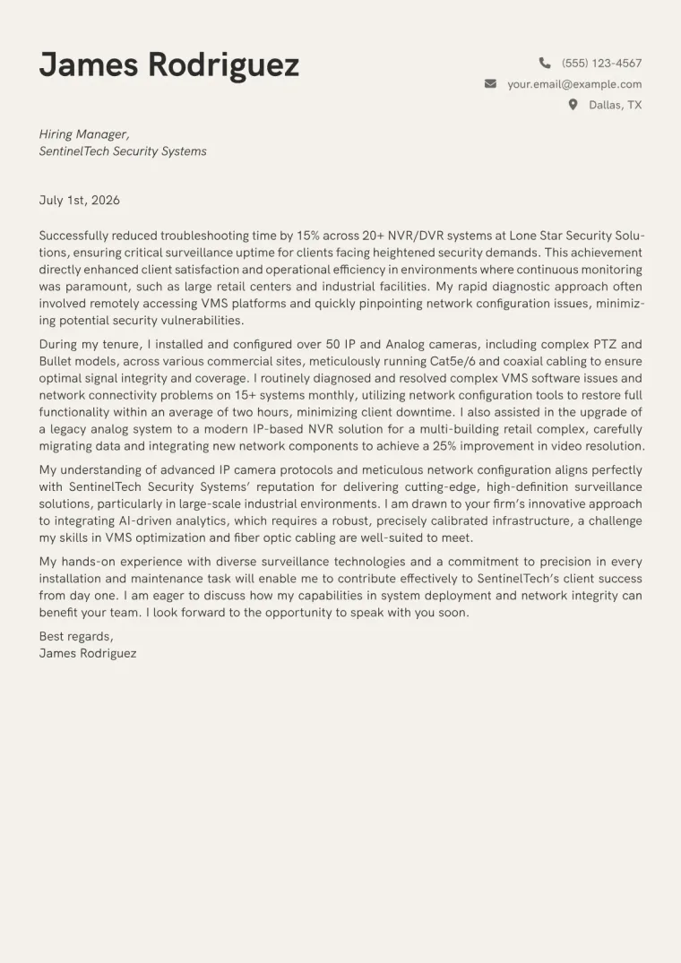 CCTV Technician Cover Letter Example