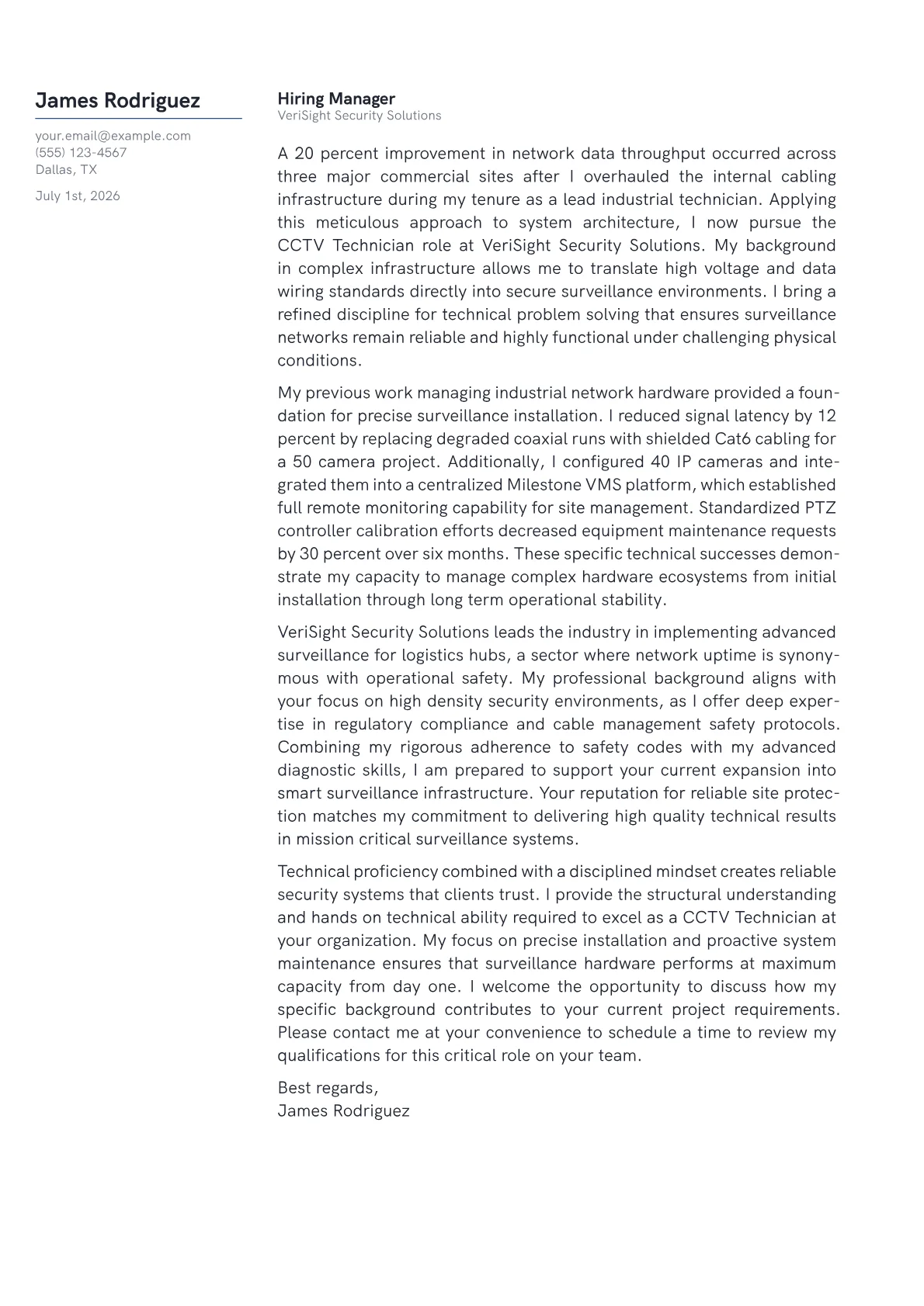 CCTV Technician cover letter in the Margin design