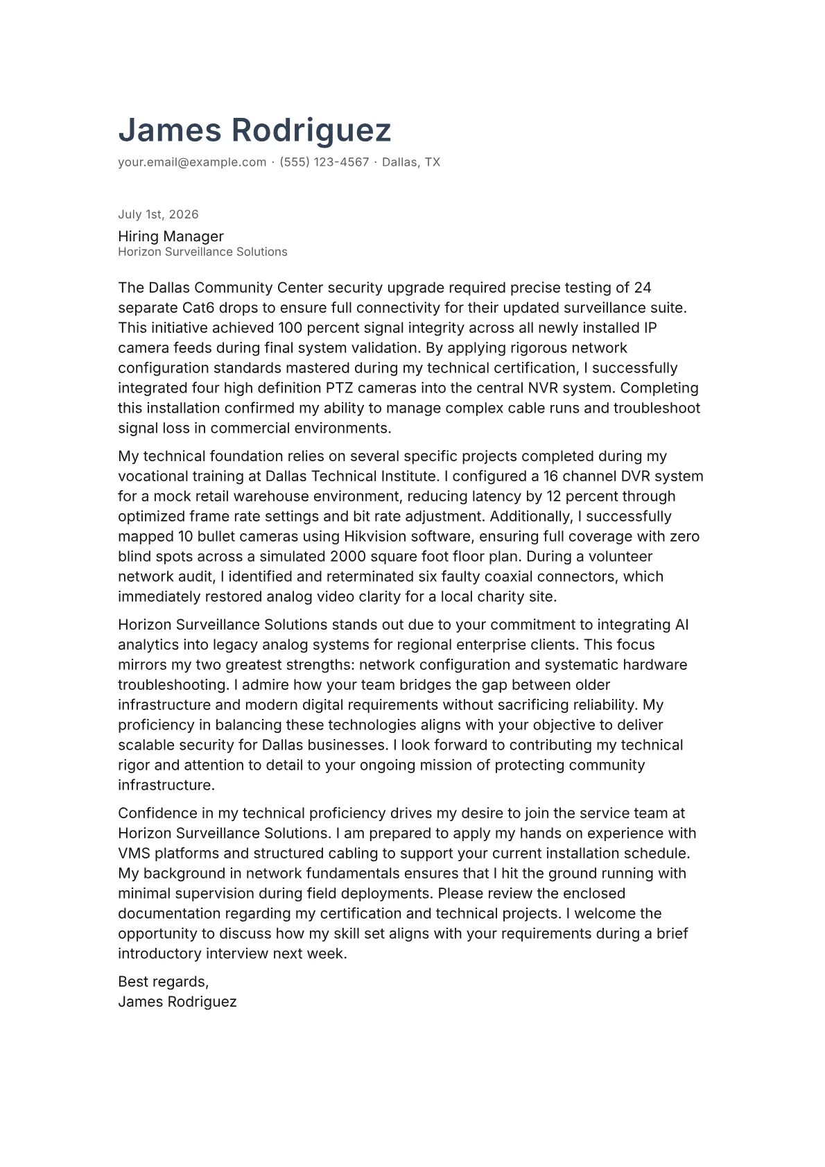 CCTV Technician cover letter in the Minimal design