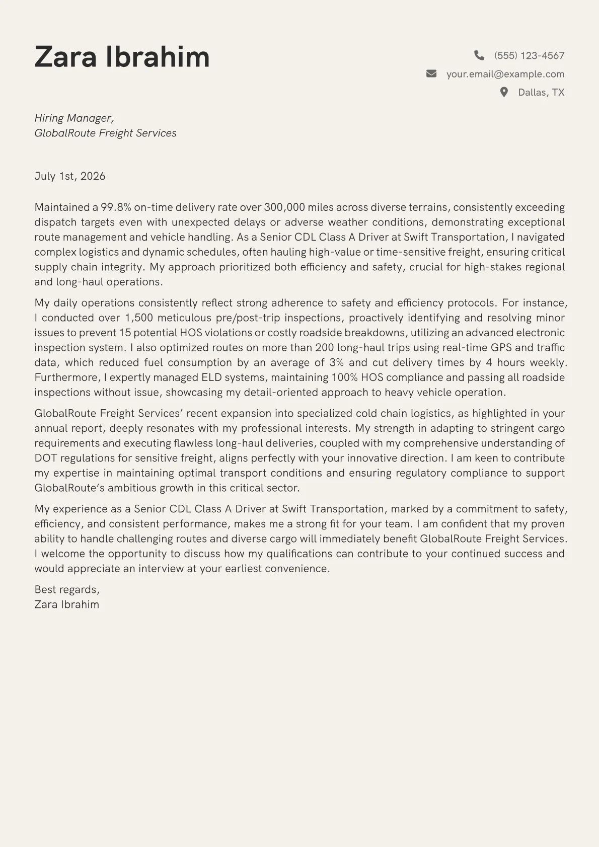 CDL Class A Driver cover letter formatted with a JobSprout template