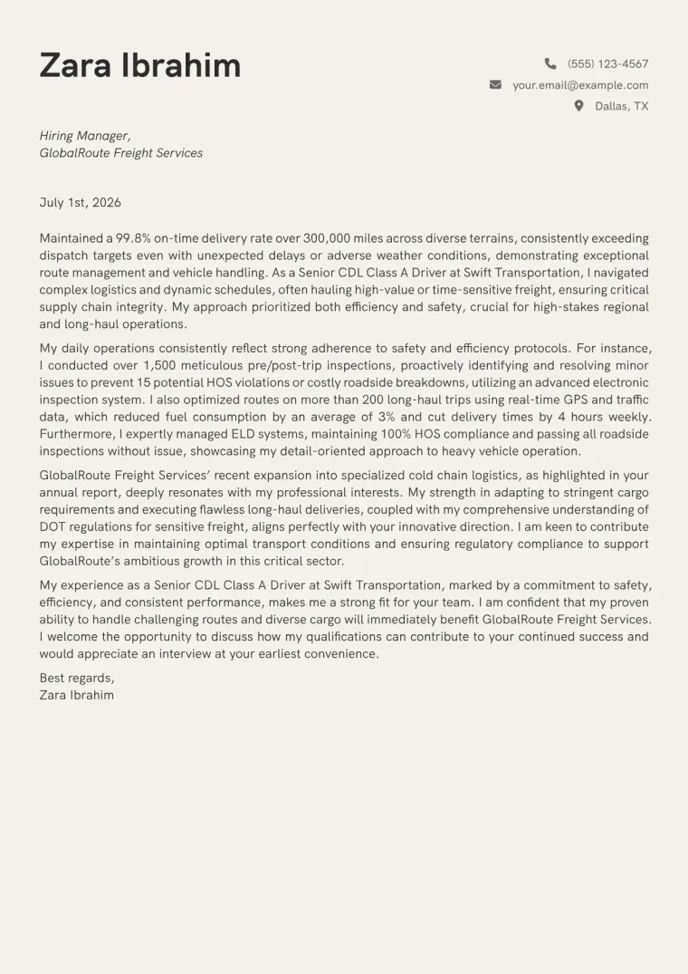 CDL Class A Driver cover letter example preview