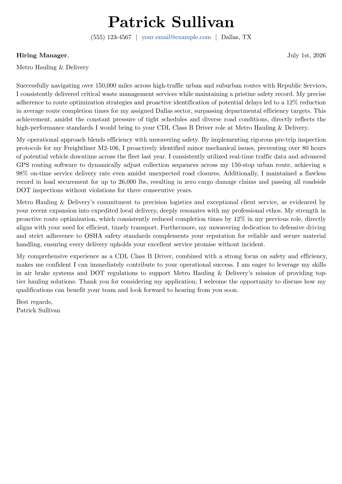 CDL Class B Driver cover letter formatted with a JobSprout template
