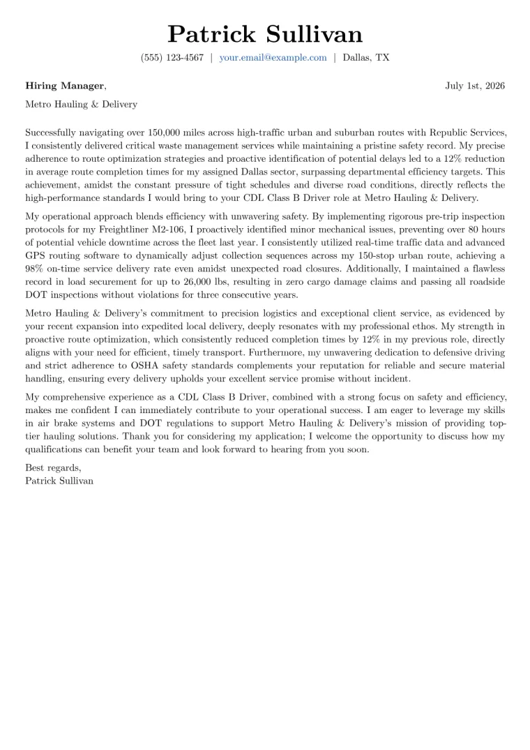 CDL Class B Driver cover letter example preview