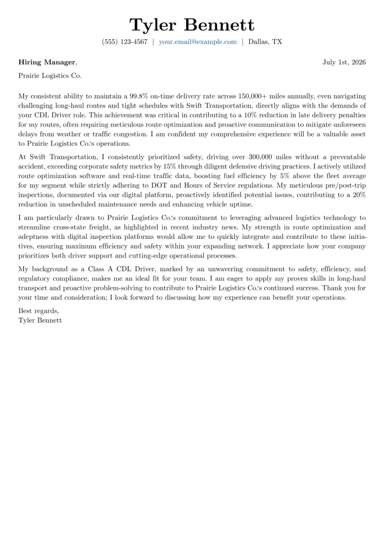 CDL Driver Cover Letter Example