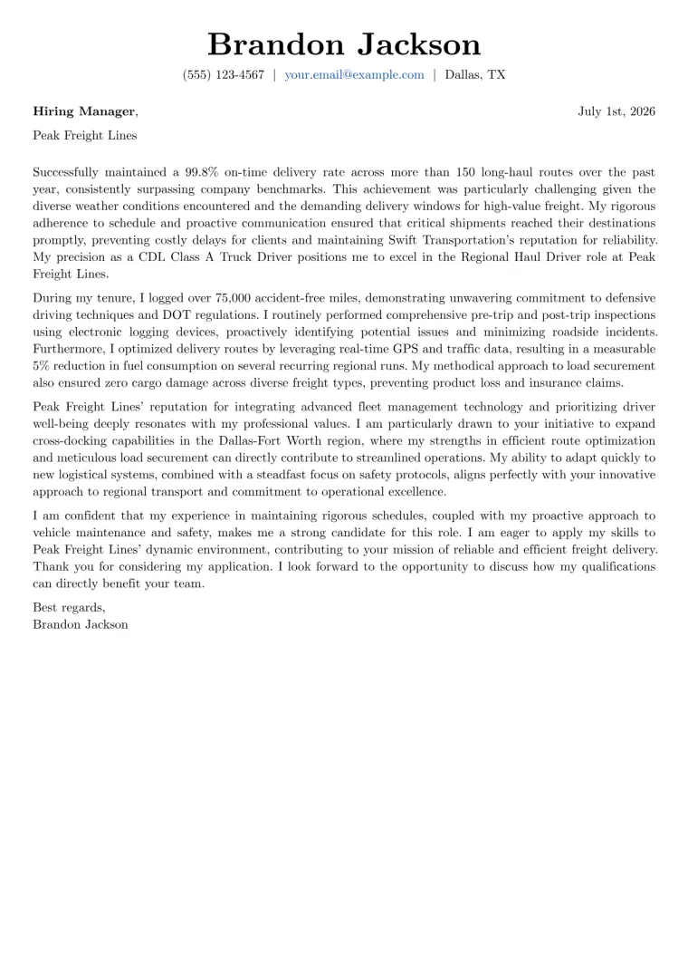 CDL Truck Driver cover letter example preview