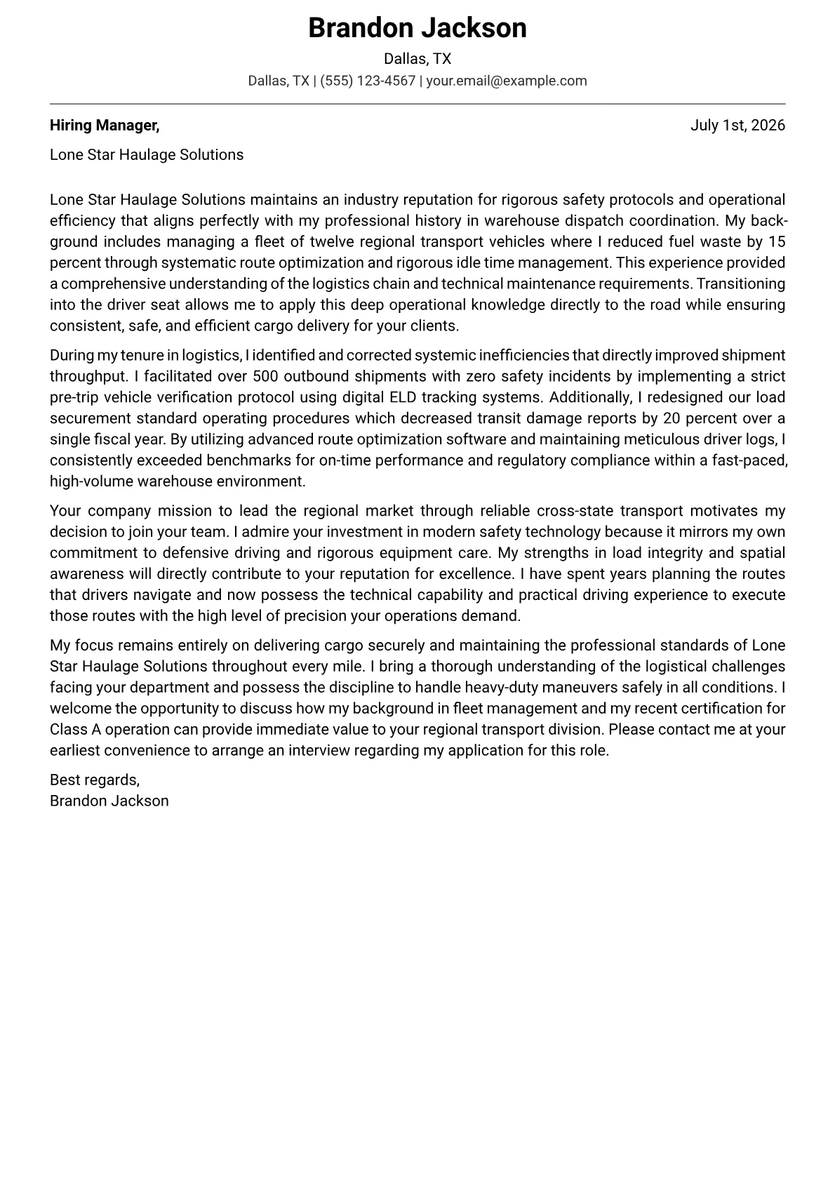 CDL Truck Driver cover letter in the Modern design