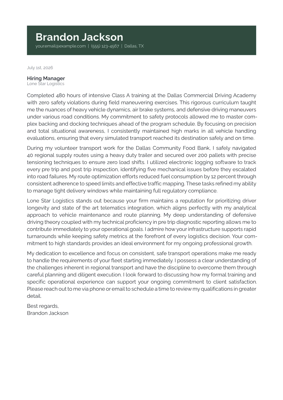 CDL Truck Driver cover letter in the Banner design