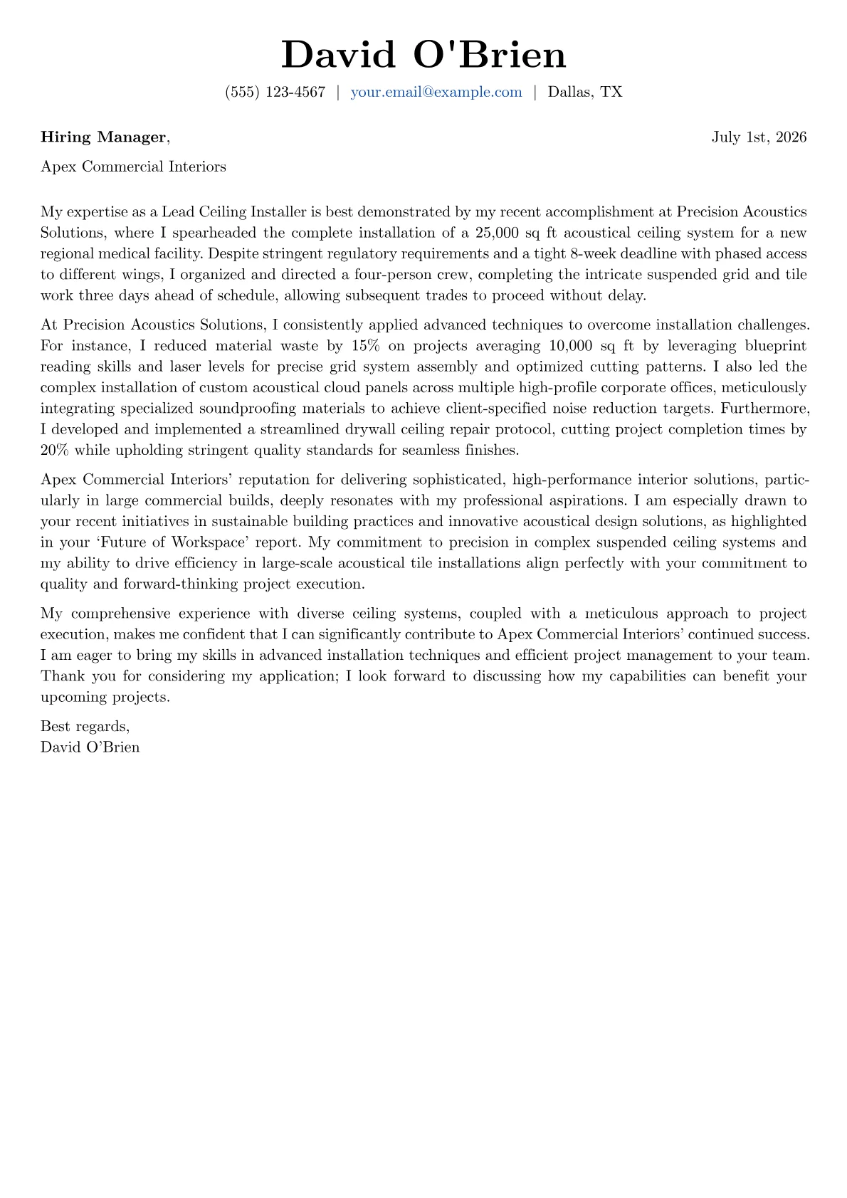 Ceiling Installer cover letter formatted with a JobSprout template