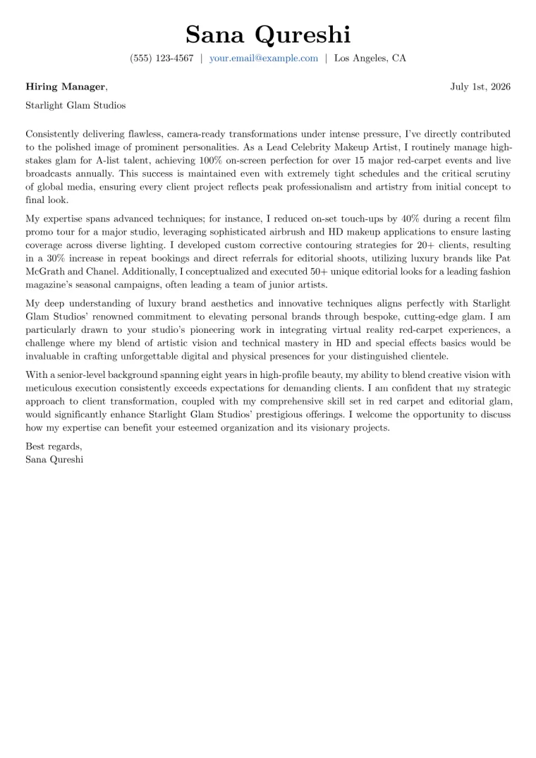 Celebrity Makeup Artist Cover Letter Example