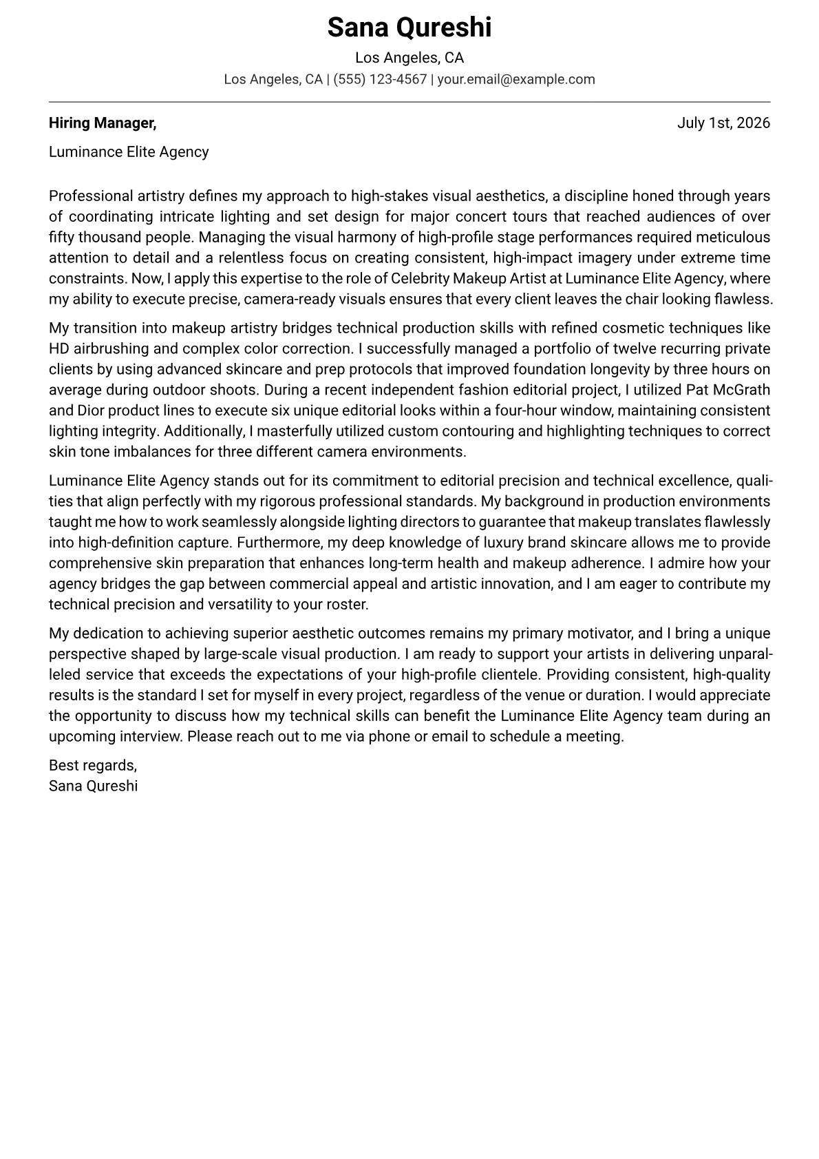Celebrity Makeup Artist cover letter in the Modern design