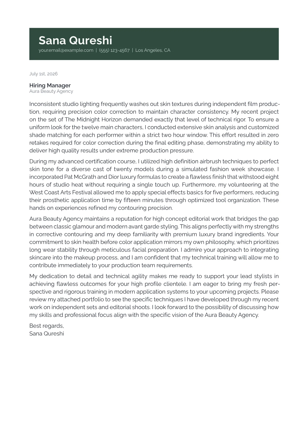 Celebrity Makeup Artist cover letter in the Banner design