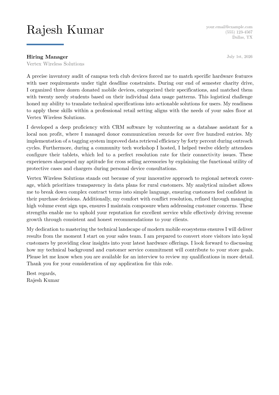Cell Phone Sales Representative cover letter in the Executive design