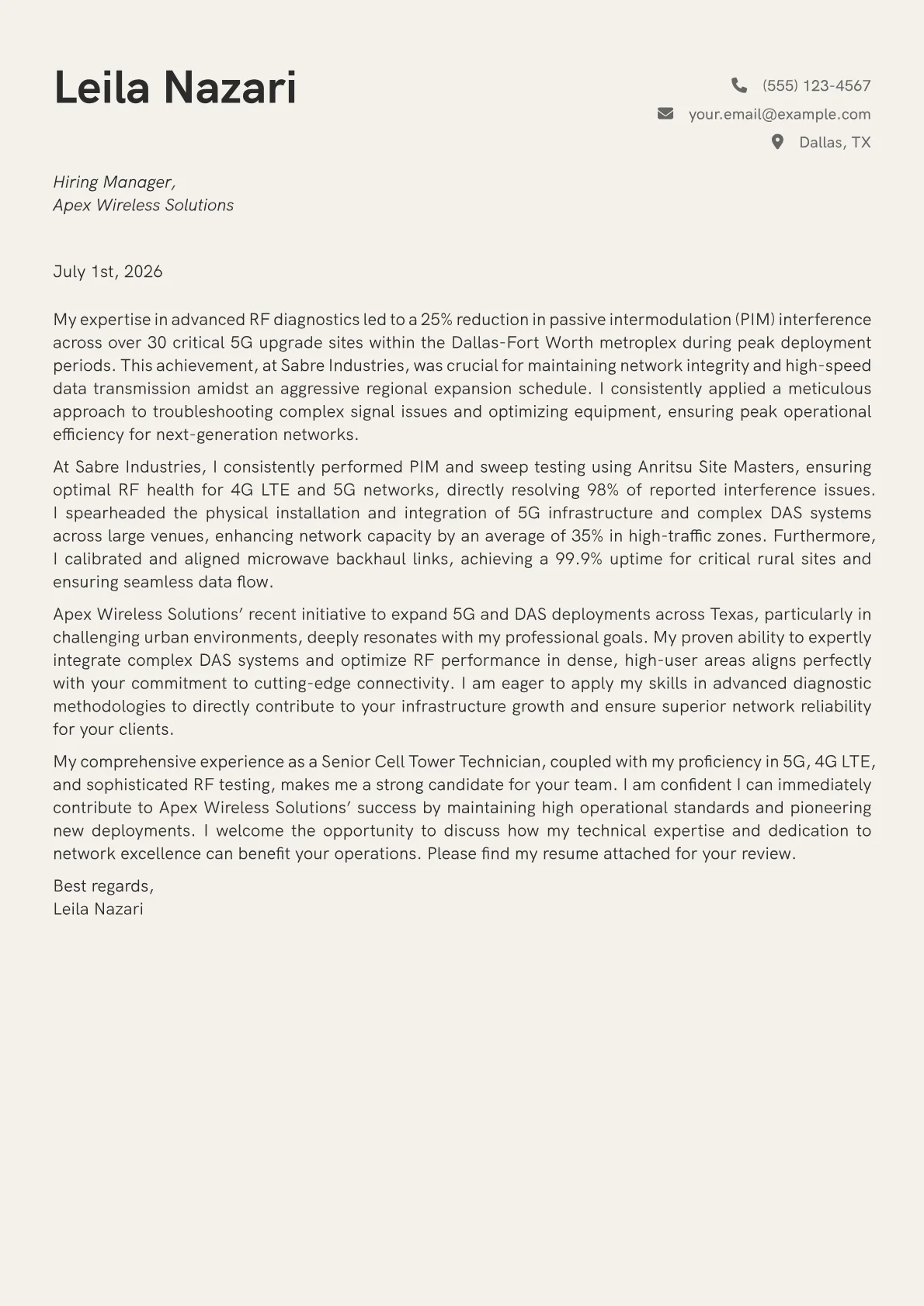 Cell Tower Technician cover letter formatted with a JobSprout template