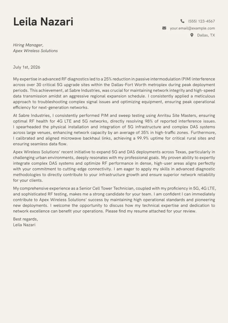 Cell Tower Technician cover letter example preview