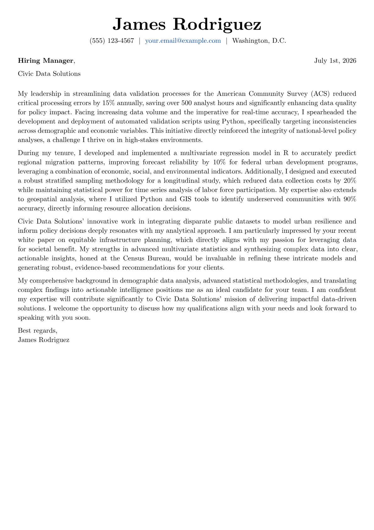 Census Bureau Analyst cover letter formatted with a JobSprout template
