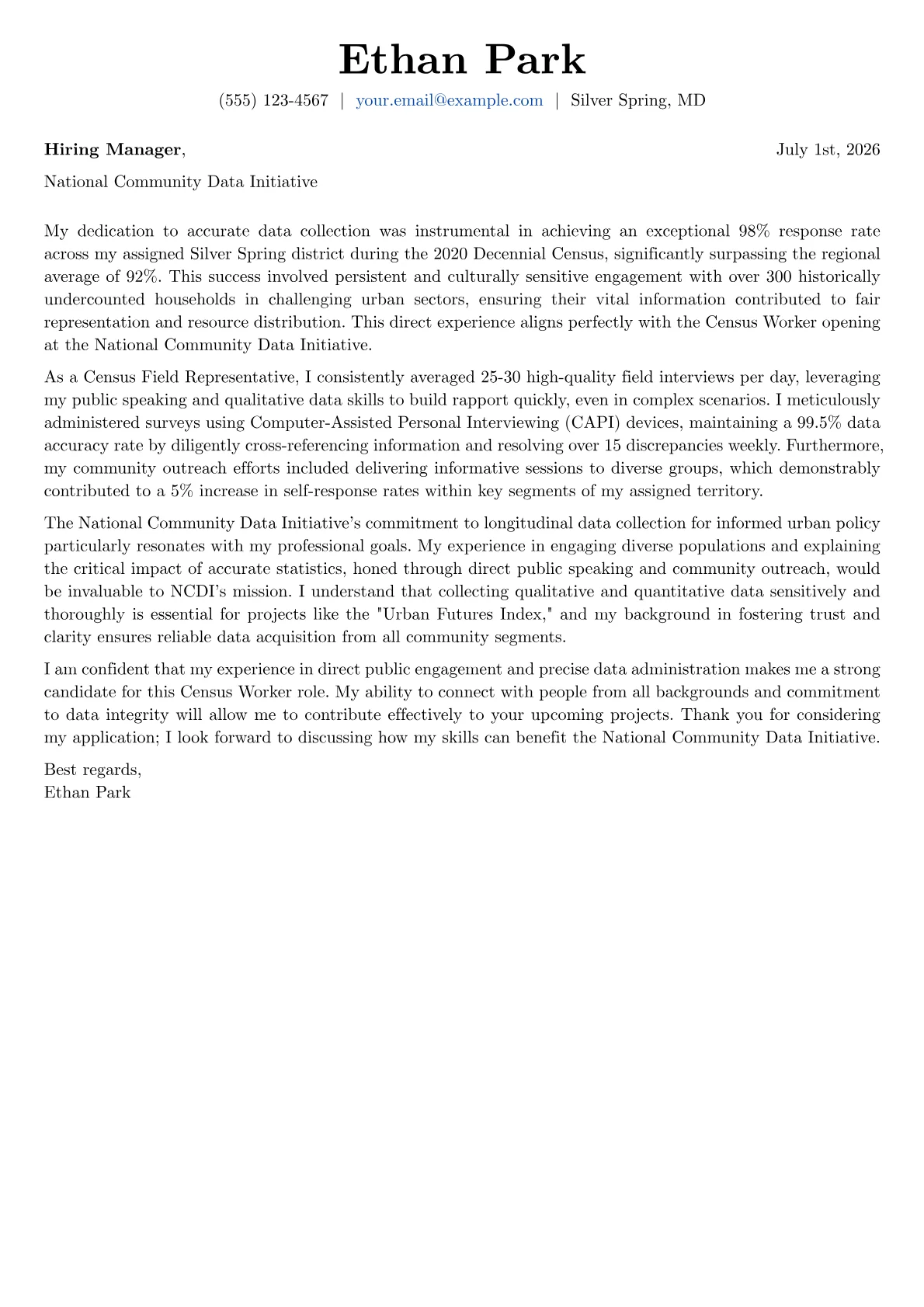 Census Worker cover letter formatted with a JobSprout template