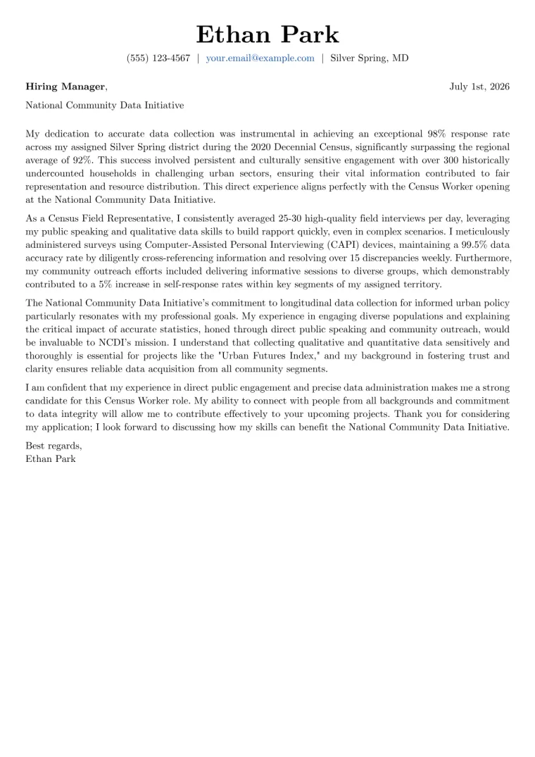 Census Worker cover letter example preview