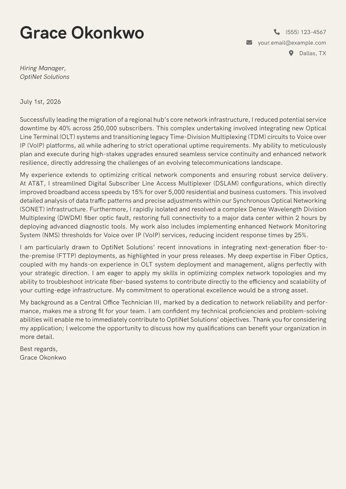 Central Office Technician cover letter formatted with a JobSprout template