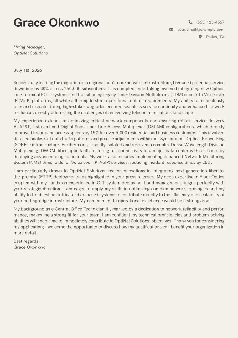 Central Office Technician cover letter example preview