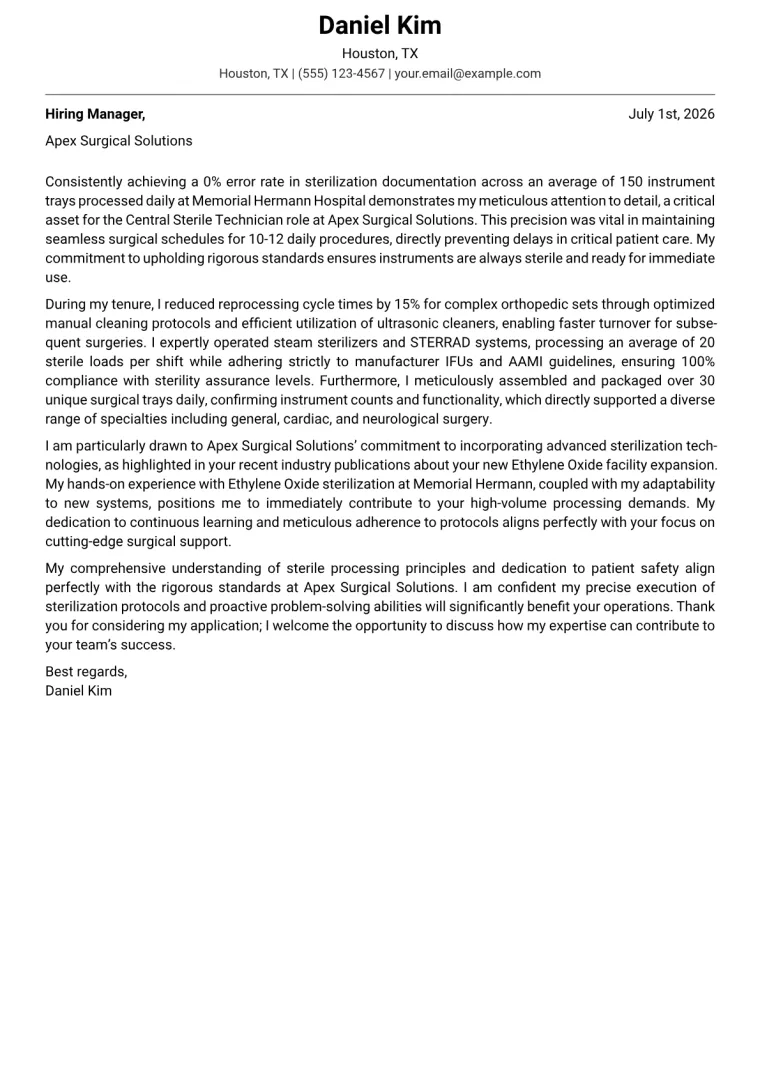 Central Sterile Technician cover letter example preview