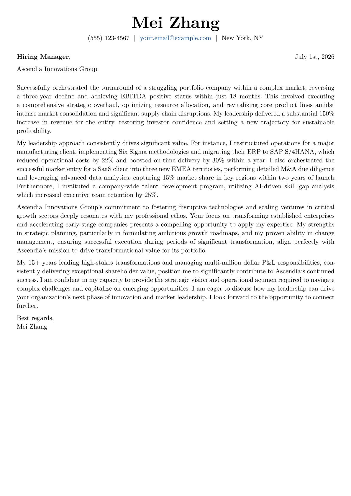 CEO cover letter formatted with a JobSprout template