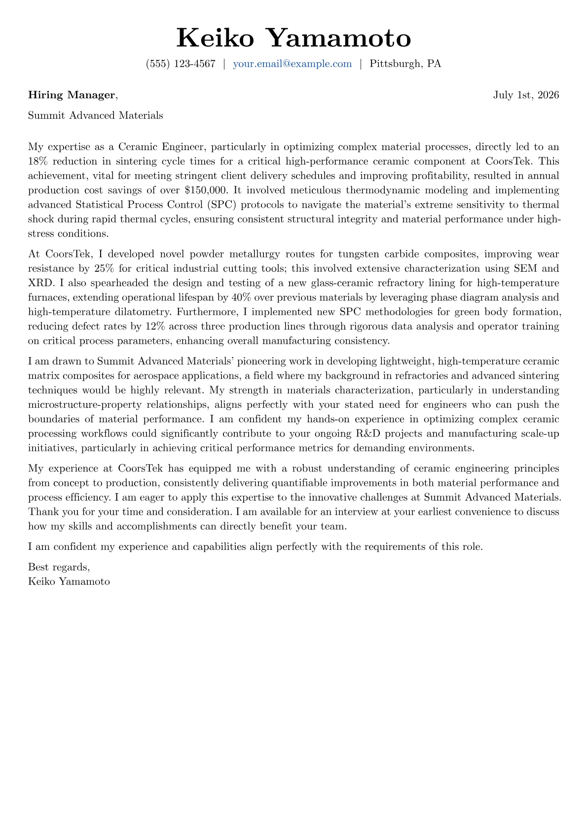 Ceramic Engineer cover letter formatted with a JobSprout template