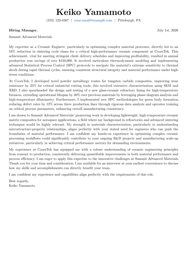 Ceramic Engineer cover letter example preview