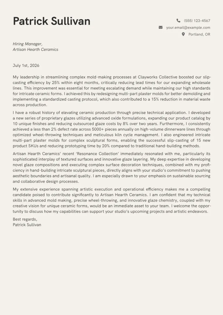 Ceramicist cover letter example preview