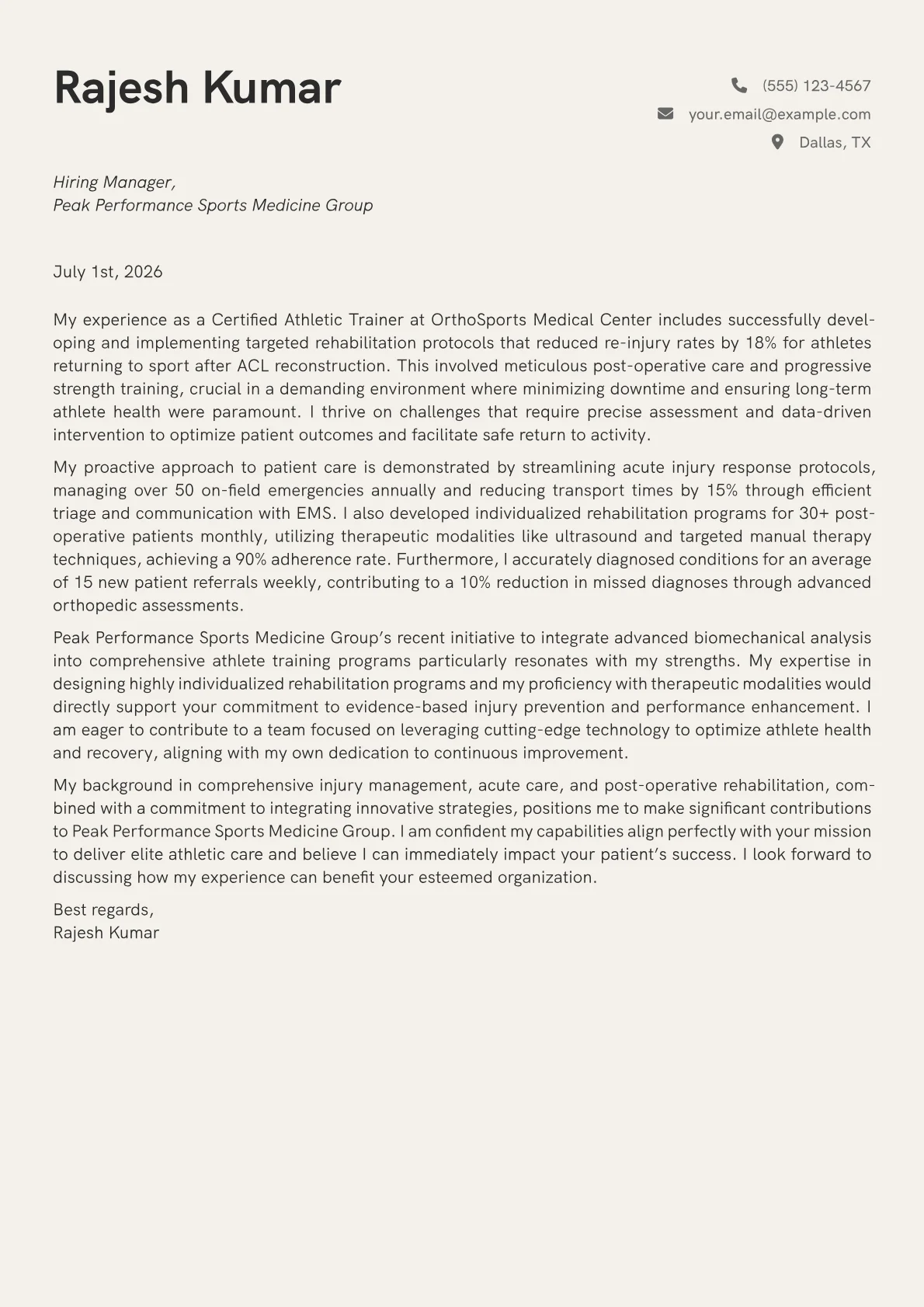 Certified Athletic Trainer cover letter formatted with a JobSprout template